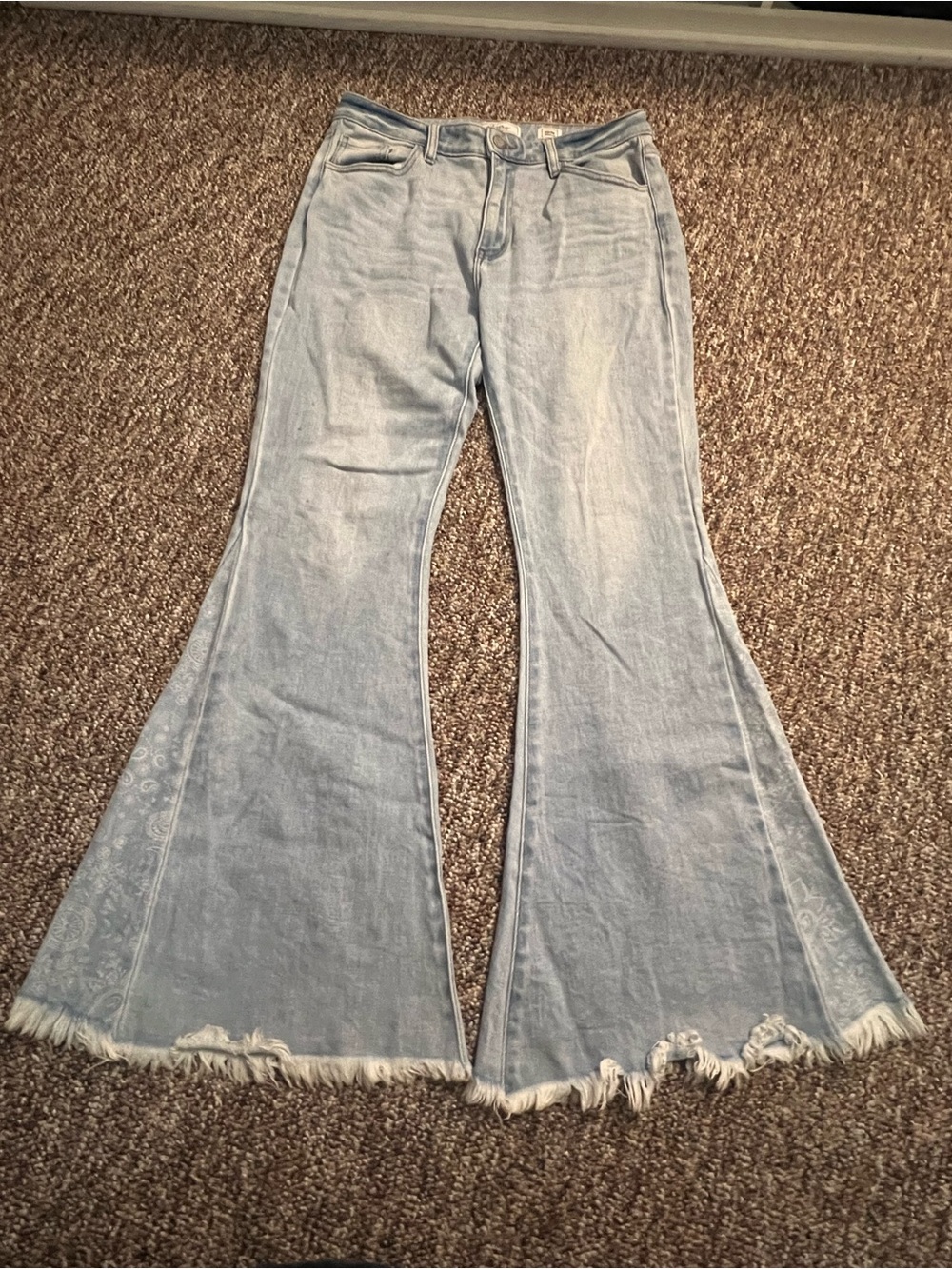 Kancan Jeans Women 29 Blue Light Wash Flare High Rise Festival Hippy Boho Print